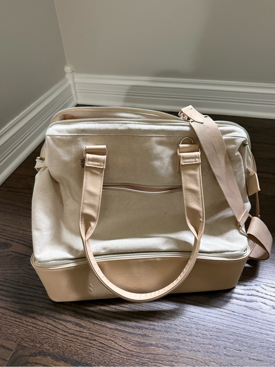 BEIS Handbags - BEIS Cream Canvas and Tan Leather-Trim Travel Bag